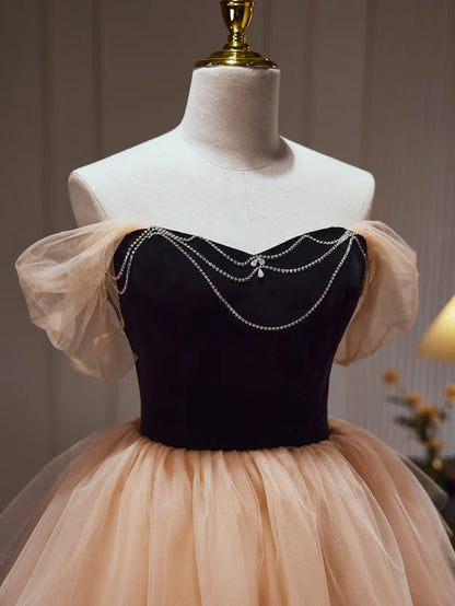 Champagne and Black Sweetheart Short Formal Dress Tulle Homecoming Dress