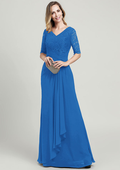 Chiffon Mother of the Bride Dress V Neck Half Sleeve Long With Ruffles Pleated Lace