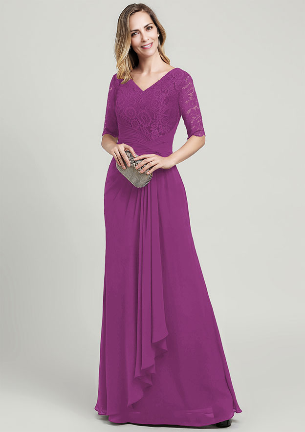 Chiffon Mother of the Bride Dress V Neck Half Sleeve Long With Ruffles Pleated Lace