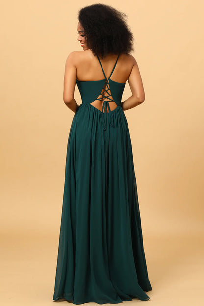 Chiffon Spaghetti Straps Green Bridesmaid Dress with Slit