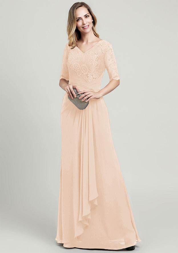 Chiffon Mother of the Bride Dress V Neck Half Sleeve Long With Ruffles Pleated Lace