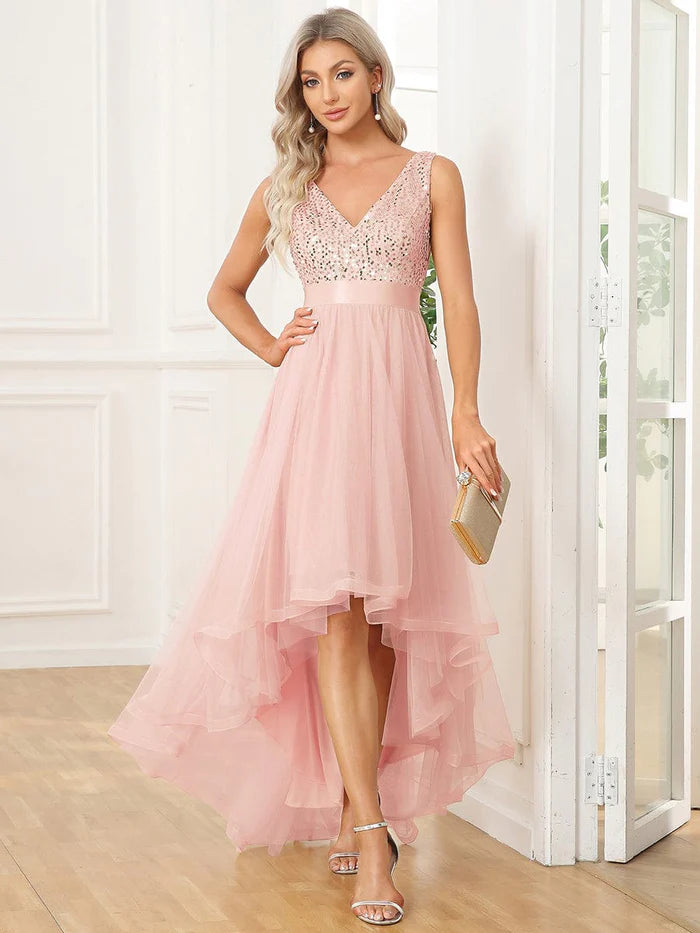 Sequin Bodice Tulle High-Low Evening Dress with Ribbon Waist