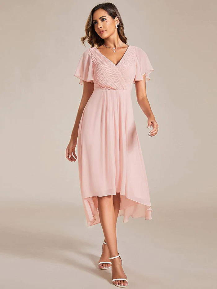 Chic V Neck Asymmetrical Hem Ruffles Sleeve Pleated Chiffon Wedding Guest Dress