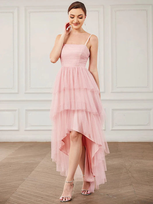 Tulle Spaghetti Strap Ruffled High-Low Bridesmaid Dress