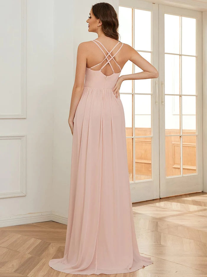 Chiffon Spaghetti Strap Ruffled Front Slit A-Line Bridesmaid Dress