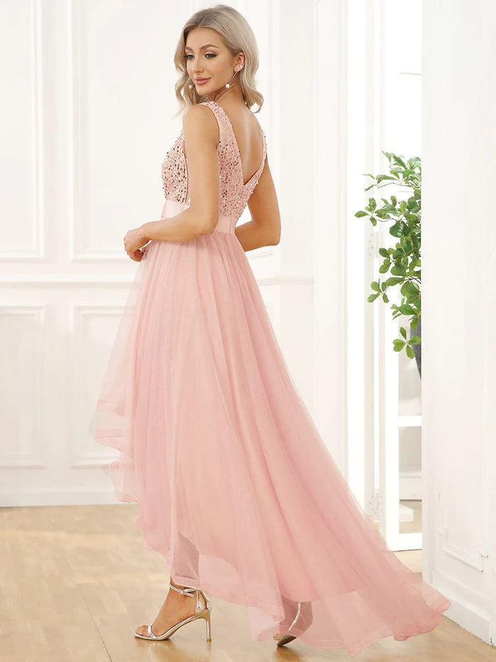 Sequin Bodice Tulle High-Low Evening Dress with Ribbon Waist