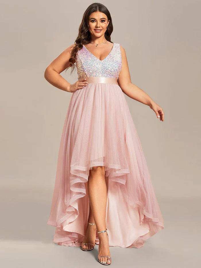 Sequin Bodice Tulle High-Low Evening Dress with Ribbon Waist