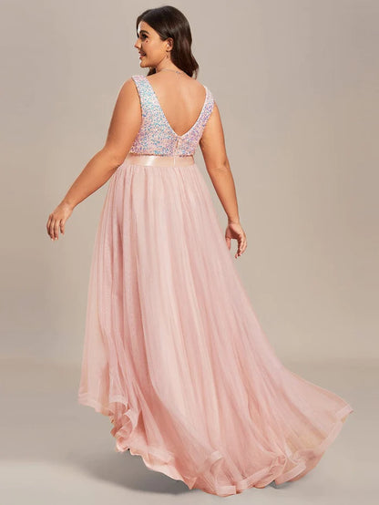 Sequin Bodice Tulle High-Low Evening Dress with Ribbon Waist