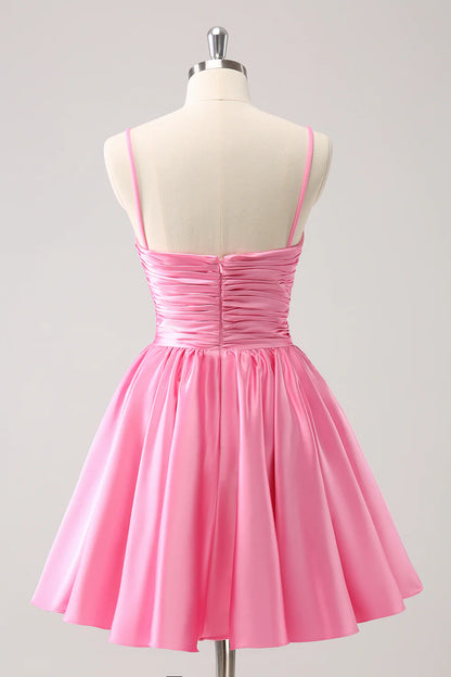 Cute A-Line Spaghetti Straps Pleated Homecoming Dress with Keyhole