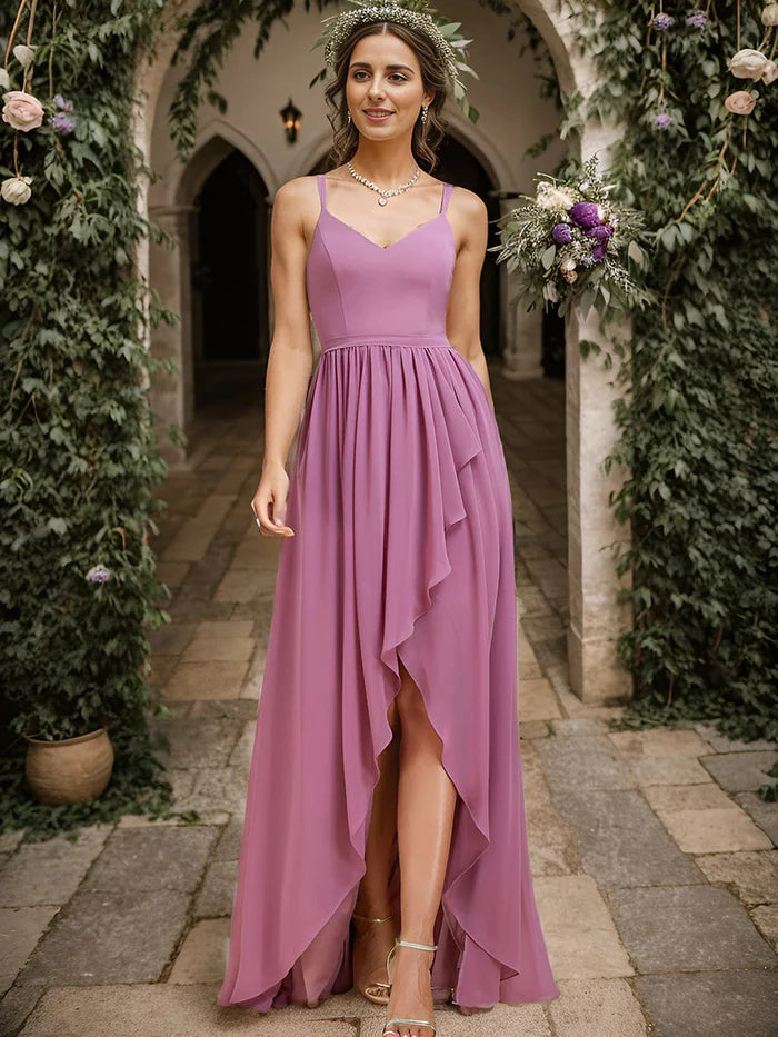 Chiffon Spaghetti Strap Ruffled Front Slit A-Line Bridesmaid Dress