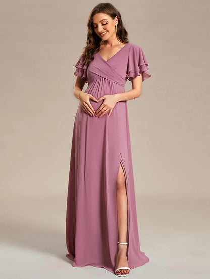 A-Line Ruffles Sleeve Front Slit Pleated Chiffon Maternity Dress