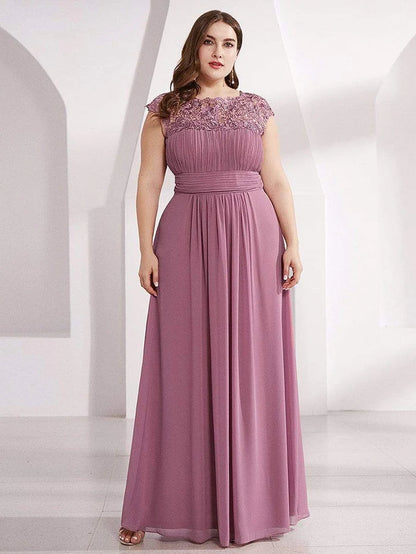 Plus Size Elegant Maxi Long Lace Cap Sleeve Bridesmaid Dress