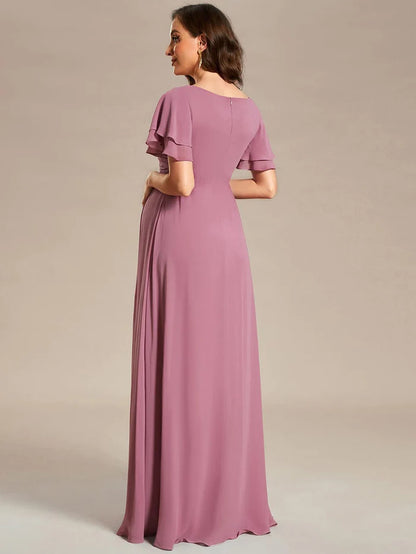 A-Line Ruffles Sleeve Front Slit Pleated Chiffon Maternity Dress