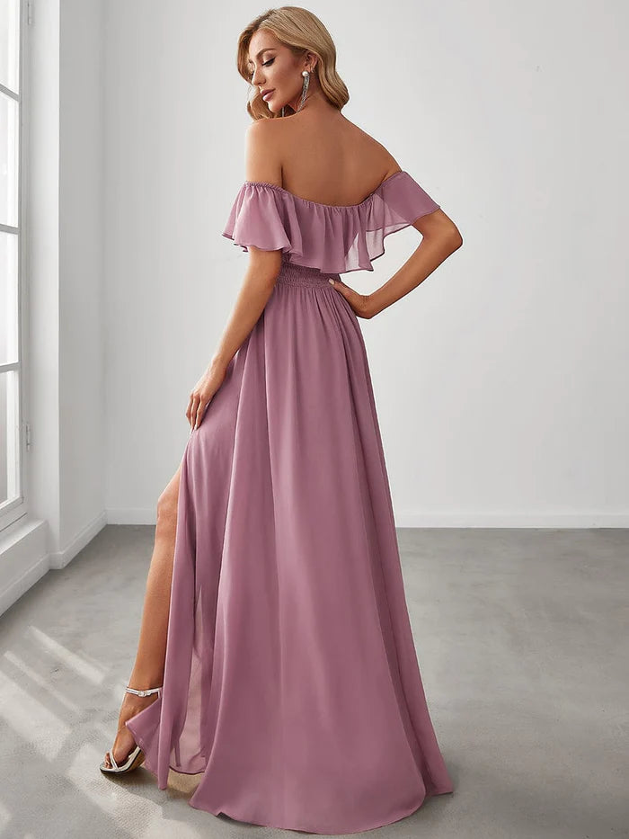 Women's Off Shoulder Ruffle Thigh Slit Bridesmaid Dresses