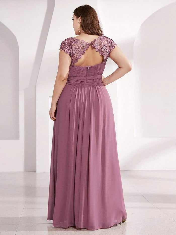 Plus Size Elegant Maxi Long Lace Cap Sleeve Bridesmaid Dress