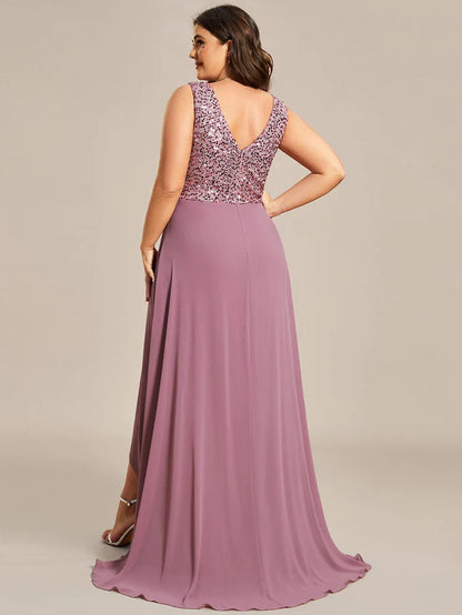 Elegant Paillette & Chiffon V-neck A-line Sleeveless Plus Size Formal Evening Dresses