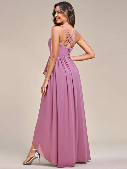 Chiffon Spaghetti Strap Ruffled Front Slit A-Line Bridesmaid Dress