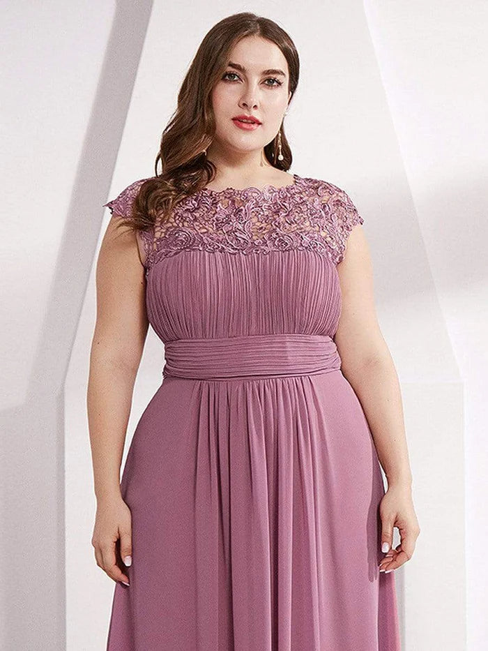 Plus Size Elegant Maxi Long Lace Cap Sleeve Bridesmaid Dress