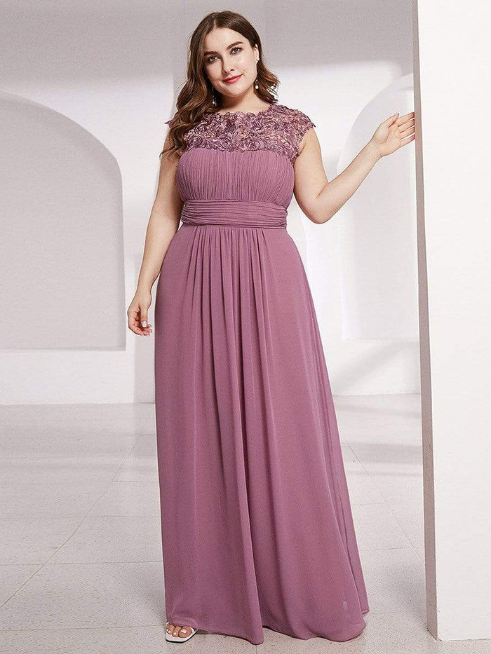 Plus Size Elegant Maxi Long Lace Cap Sleeve Bridesmaid Dress