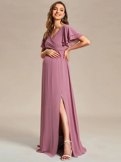 A-Line Ruffles Sleeve Front Slit Pleated Chiffon Maternity Dress