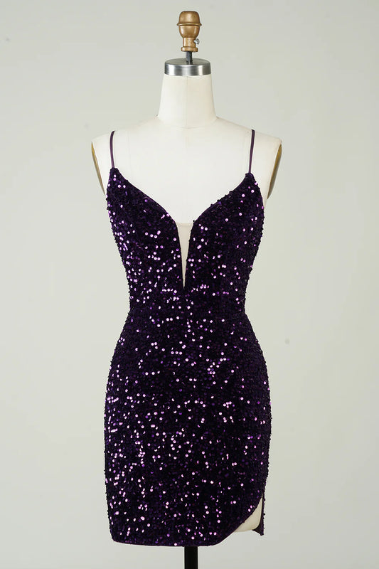 Sequins Backless Tight V-Neck Homecoming Dress With Slit