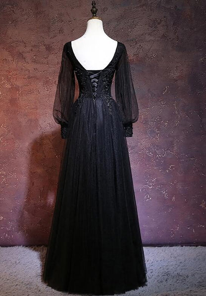 Beautiful Black Long Sleeves V-neckline Evening Dress Black Prom Dress