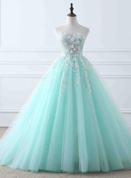 Charming Mint Green Tulle Ball Gown Sweet 16 Dress Lace Applique Ballgown Prom Dress