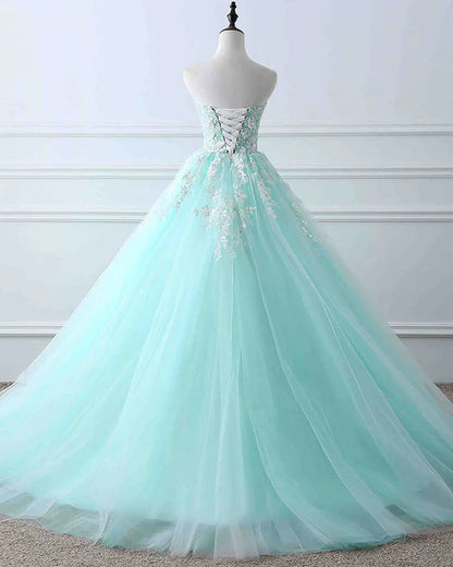 Charming Mint Green Tulle Ball Gown Sweet 16 Dress Lace Applique Ballgown Prom Dress