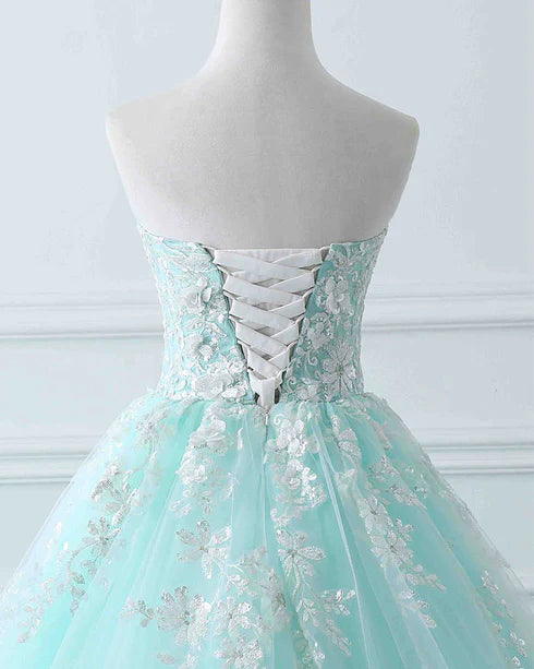 Charming Mint Green Tulle Ball Gown Sweet 16 Dress Lace Applique Ballgown Prom Dress