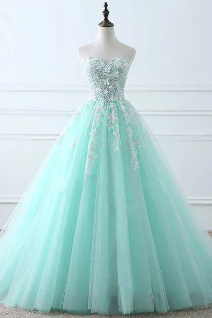 Charming Mint Green Tulle Ball Gown Sweet 16 Dress Lace Applique Ballgown Prom Dress