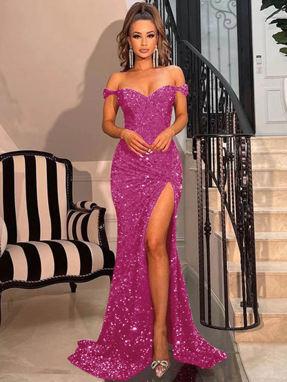 Sheath Off the Shoulder Short Sleeves Sweep Train Velvet Sequin Prom Dress