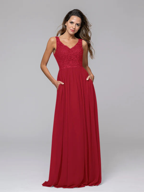 Applique V Neck Keyhole Back A Line Bridesmaid Dresses