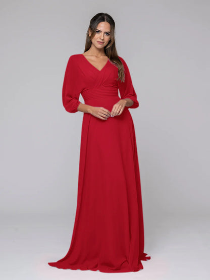 Koutun 3/4 Lantern Sleeve V Neck Chiffon A Line Bridesmaid Dresses