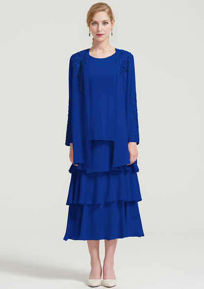 Scoop Neck Sleeveless Tea-Length Chiffon Mother of the Bride Dress With Jacket Ruffles Appliqued