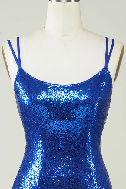 Royal Blue Sheath Sequins Mini Dress Backless Homecoming Dress