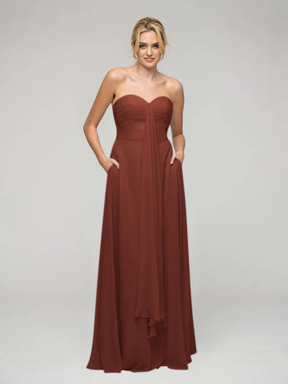 Koutun A Line Chiffon Strapless Bridesmaid Dresses With Ribbons