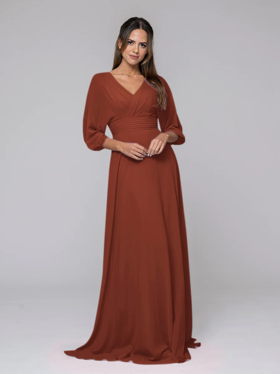 Koutun 3/4 Lantern Sleeve V Neck Chiffon A Line Bridesmaid Dresses