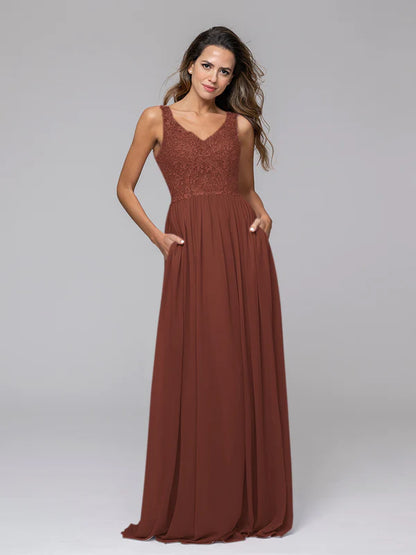 Applique V Neck Keyhole Back A Line Bridesmaid Dresses