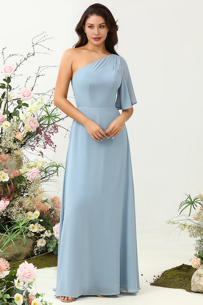 One Shoulder Chiffon Boho Bridesmaid Dress