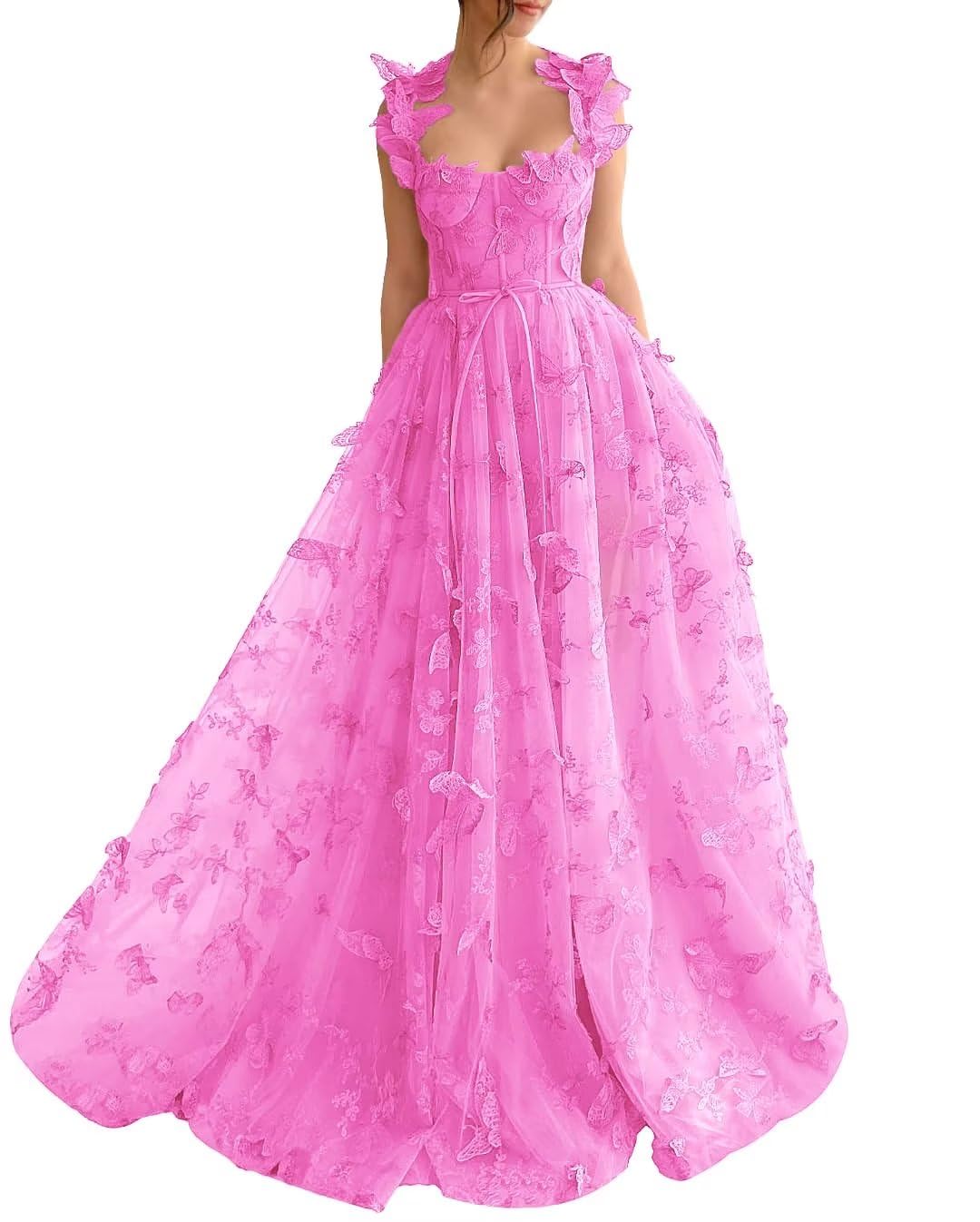 Long Tulle Prom Dress with 3D Butterflies Dress Ball Gown Evening Dresses Party Wedding Formal Dress Slit