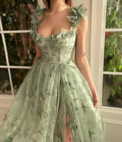 Long Tulle Prom Dress with 3D Butterflies Dress Ball Gown Evening Dresses Party Wedding Formal Dress Slit