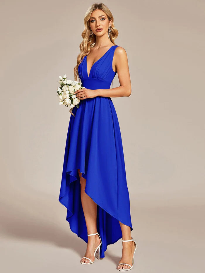 Deep V-Neck High-Low Sleeveless A-Line Wedding Guest Dress