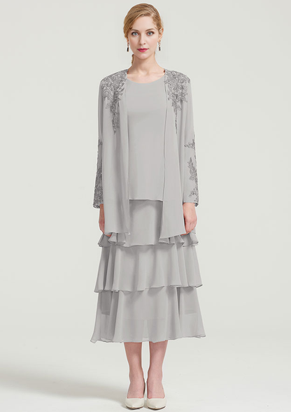 Scoop Neck Sleeveless Tea-Length Chiffon Mother of the Bride Dress With Jacket Ruffles Appliqued