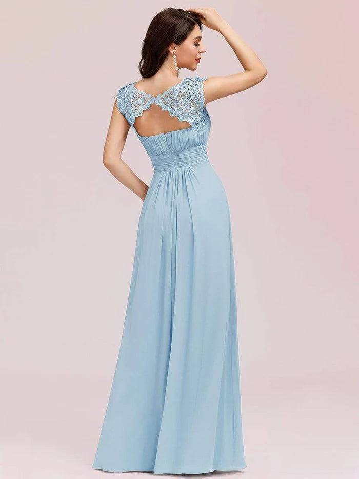 Elegant Maxi Long Lace Cap Sleeve Bridesmaid Dress