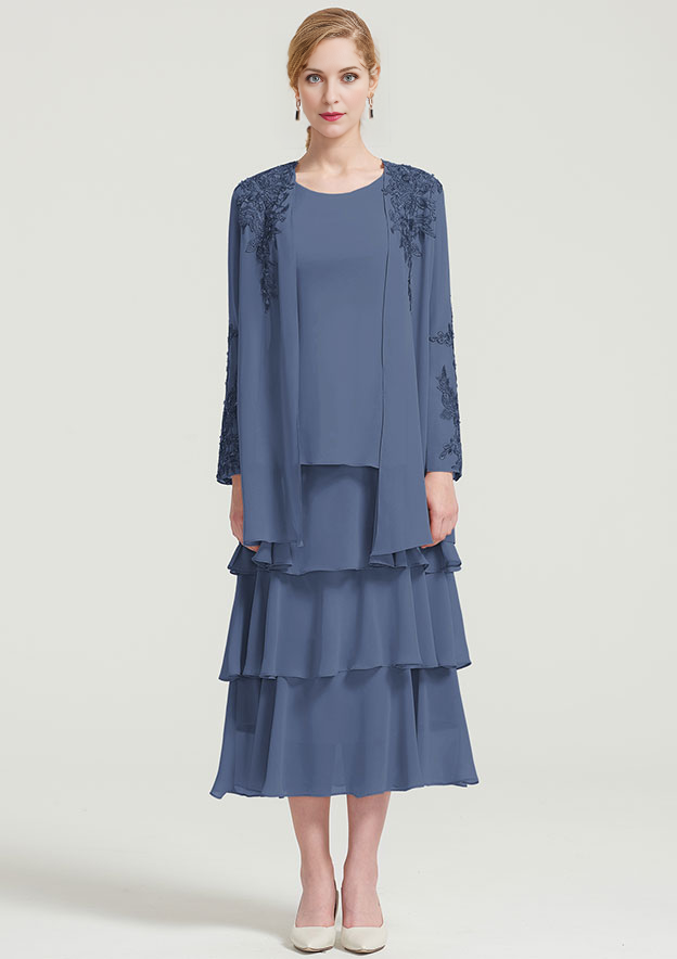 Scoop Neck Sleeveless Tea-Length Chiffon Mother of the Bride Dress With Jacket Ruffles Appliqued