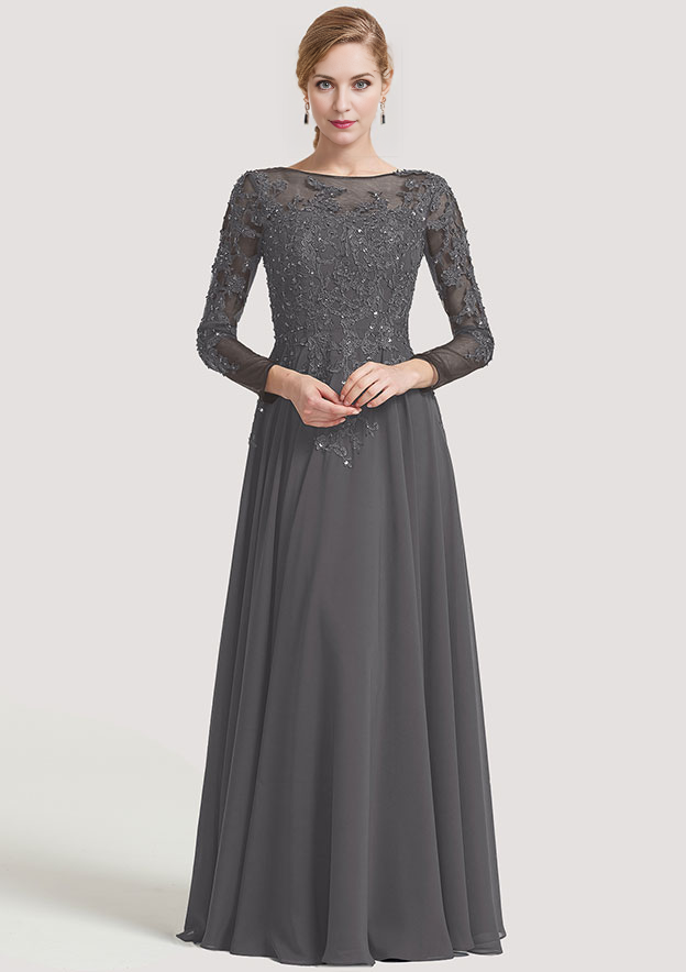 A-line Bateau 3/4 Sleeve Floor-Length Chiffon Mother of the Bride Dress With Beading Appliqued