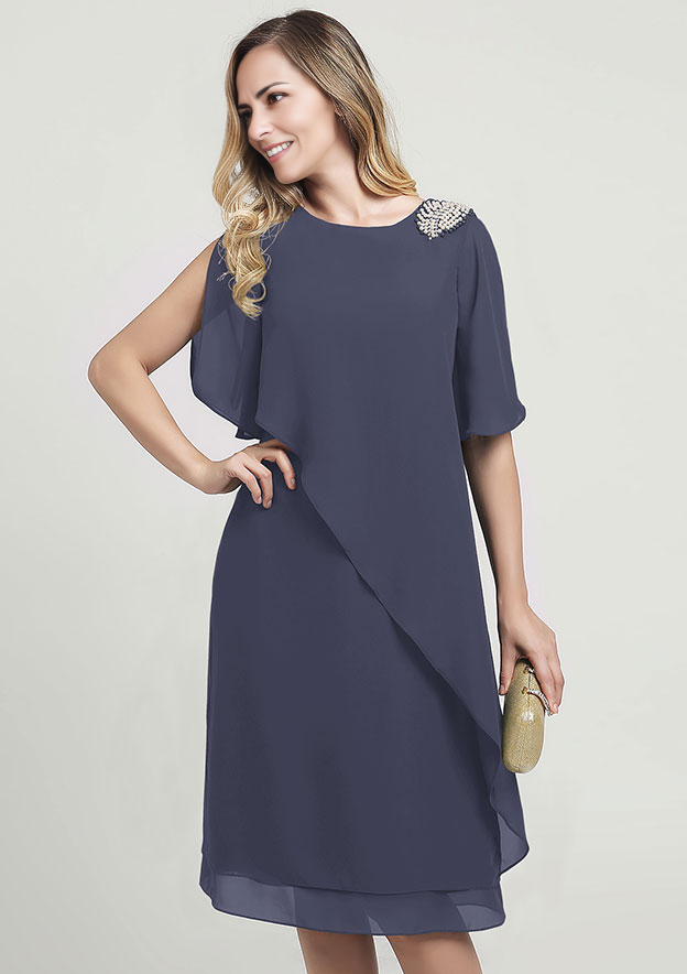 Chiffon Mother of the Bride Dress Sheath/Column Scoop Neck Short Sleeve Knee-Length