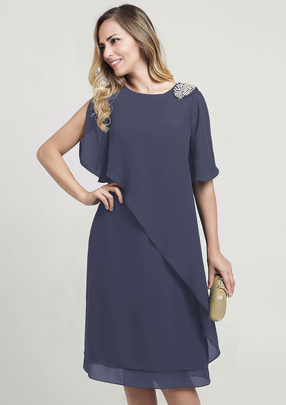 Chiffon Mother of the Bride Dress Sheath/Column Scoop Neck Short Sleeve Knee-Length