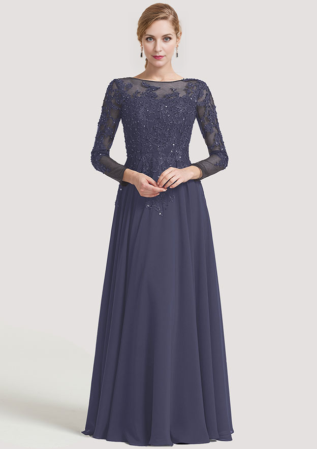 A-line Bateau 3/4 Sleeve Floor-Length Chiffon Mother of the Bride Dress With Beading Appliqued