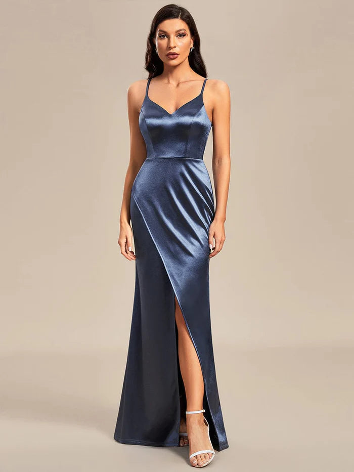 Pleated Front Slit Spaghetti Straps High Stretch Bodycon Satin Bridesmaid Dress